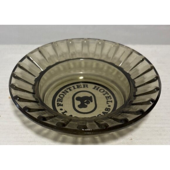 Las Vegas Ashtray Frontier Hotel Vintage Smoky Glass Ribbed Design 4.5" - Picture 1 of 8